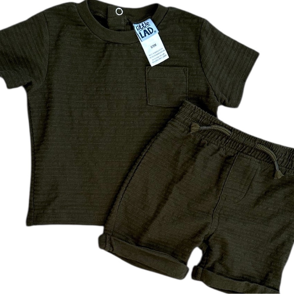 New Little Lad Baby Boy Dark Green Modern Textured Shirt & Shorts Outfit Set